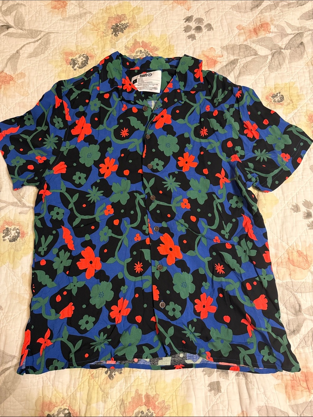 Target Women's Floral Button-Up Blouse - Black with Blue, Green & Red